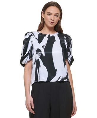 Women's Ruched Elbow-Sleeve Printed Satin Blouse