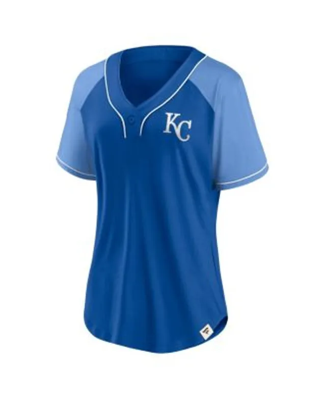 KC Royals Kansas City Baseball V-Neck T-Shirt White Blue Stripe Sleeves  Womens M