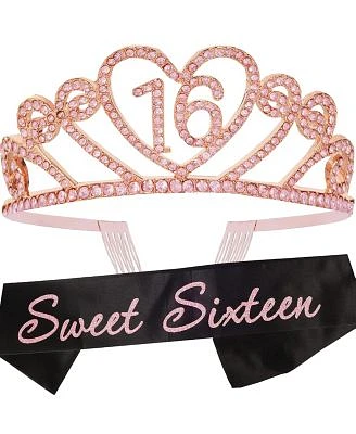 16th Birthday Sash and Tiara for Girls - Fabulous Set: Glitter Sash + Gravity Rhinestone Pink Premium Metal Tiara, 16th Birthday Gifts for Sweet 16 Birthday Party