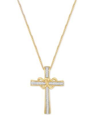 Diamond Double Heart Cross Pendant Necklace (1/10 ct. t.w.) in 14k Gold-Plated Sterling Silver