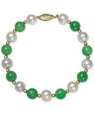 14k Gold Bracelet, Cultured Freshwater Pearl and Jade