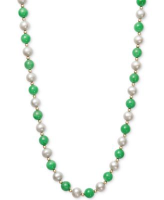 Cultured Freshwater Pearl and Jade Necklace in 14k Gold