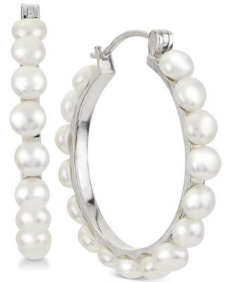 Cultured Button Freshwater Pearl (4mm) Hoop Earrings in Sterling Silver