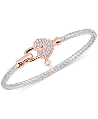 Diamond Heart Lock & Key Braided Mesh Bangle Bracelet (1/4 ct. t.w.) in Sterling Silver & 14k Rose Gold-Plate