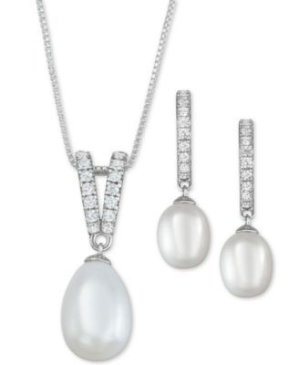 Cultured Freshwater Pearl (9 x 10mm & 7 x 9mm) & Cubic Zirconia Jewelry Set in Sterling Silver