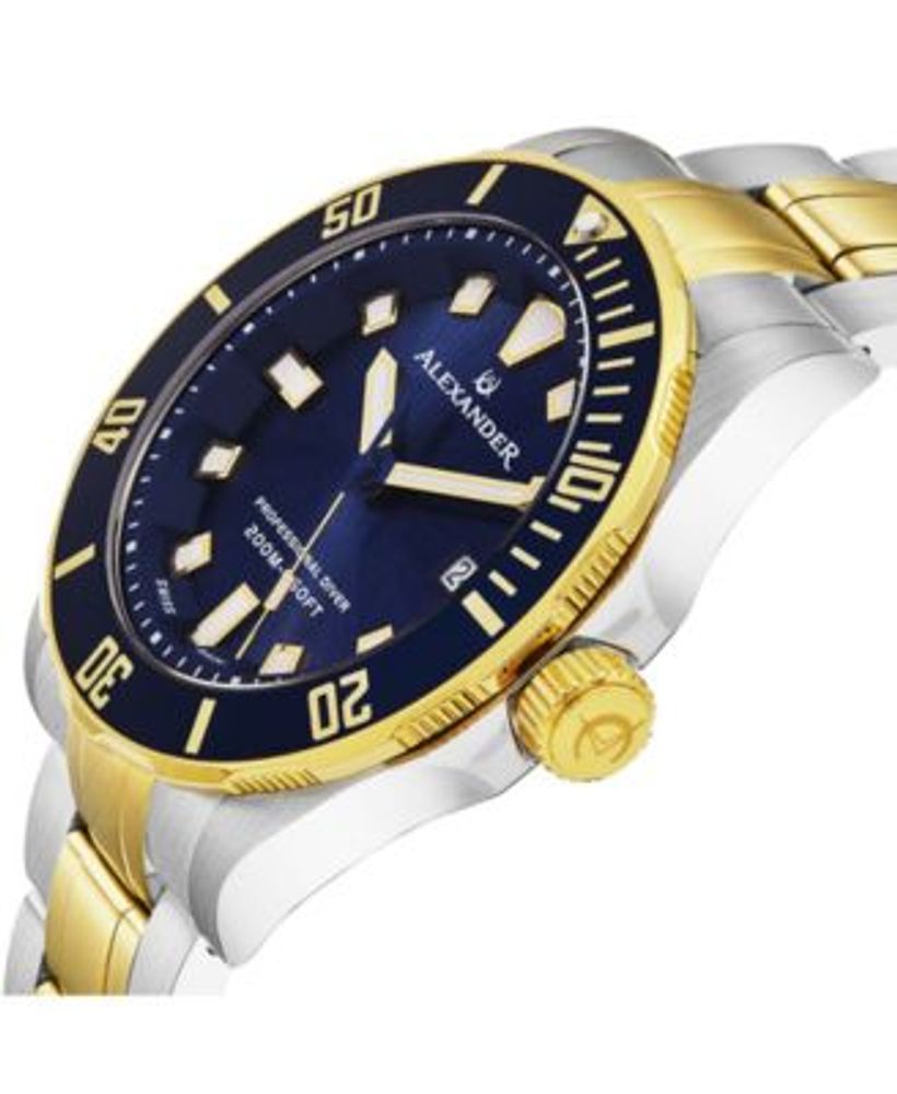 Alexander Watch A501B-03, Mens Quartz Diver Watch with Stainless Steel and Yellow-Gold Tone Case on Stainless Steel and Yellow-Gold Tone Bracelet