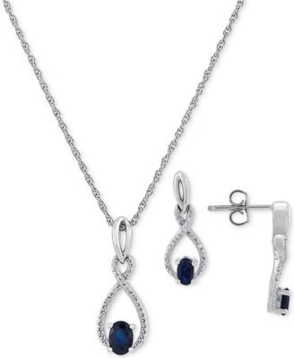 2-Pc. Set Sapphire (1-1/3 ct. t.w.) & Diamond (1/20 Pendant Necklace Matching Drop Earrings Sterling Silver (Also Emerald)