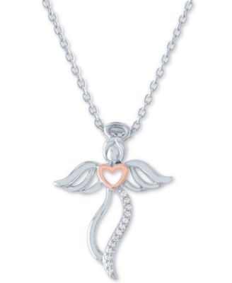 Diamond Accent Angel 18" Pendant Necklace in Sterling Silver & 14k Rose Gold-Plate