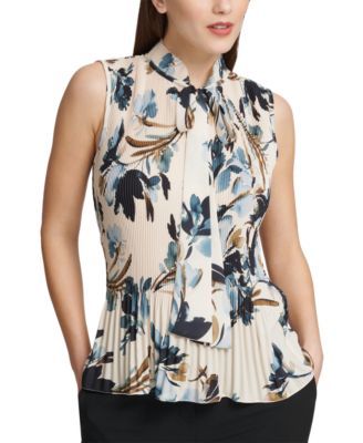 Pleated Floral-Print Sleeveless Blouse