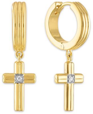 Diamond Accent Cross Drop Hoop Earrings 14k Gold-Plated Sterling silver,  Silver or Black Ruthenium over Created for Macy's