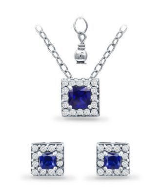 Simulated Blue Sapphire and Cubic Zirconia Halo Square Pendant and Earring Set, 3 Piece