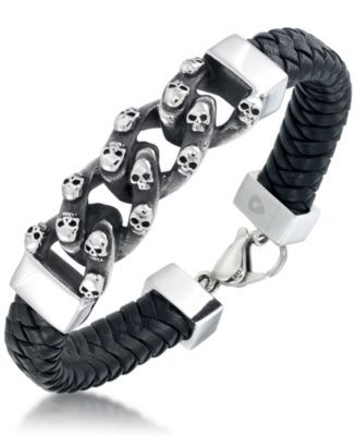 Men's Skull Link Leather Bracelet in Stainless Steel