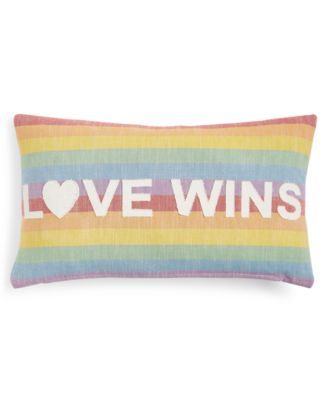 Love Wins Cotton Rainbow Stripe Appliqué 14" x 24" Decorative Pillow