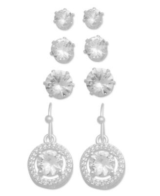 Silver Plated Cubic Zirconia Graduated Studs and Drop Four Piece Earring Set