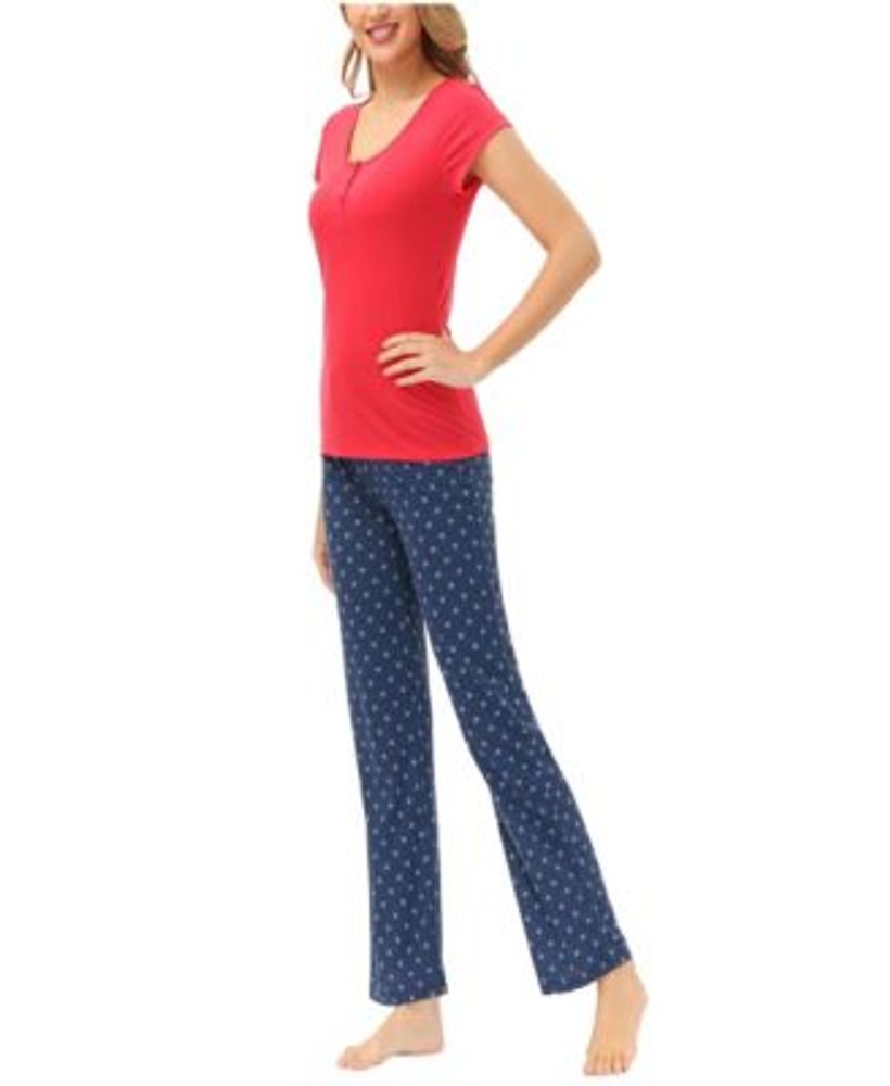 Women's Short Sleeve Henley Tee with Printed Lounge Pajama Pant Set