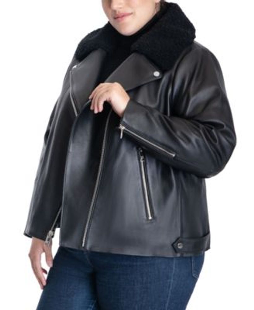 Plus Size Faux-Fur Collar Moto Leather Jacket