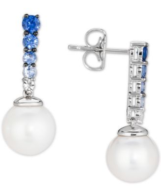 Vanilla Pearl™ (8mm) & Multi-Sapphire (3/8 ct. t.w.) Drop Earrings in 14k White Gold
