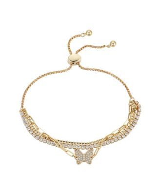 Gold Flash Plated Cubic Zirconia Butterfly Triple Strand Adjustable Bolo Bracelet