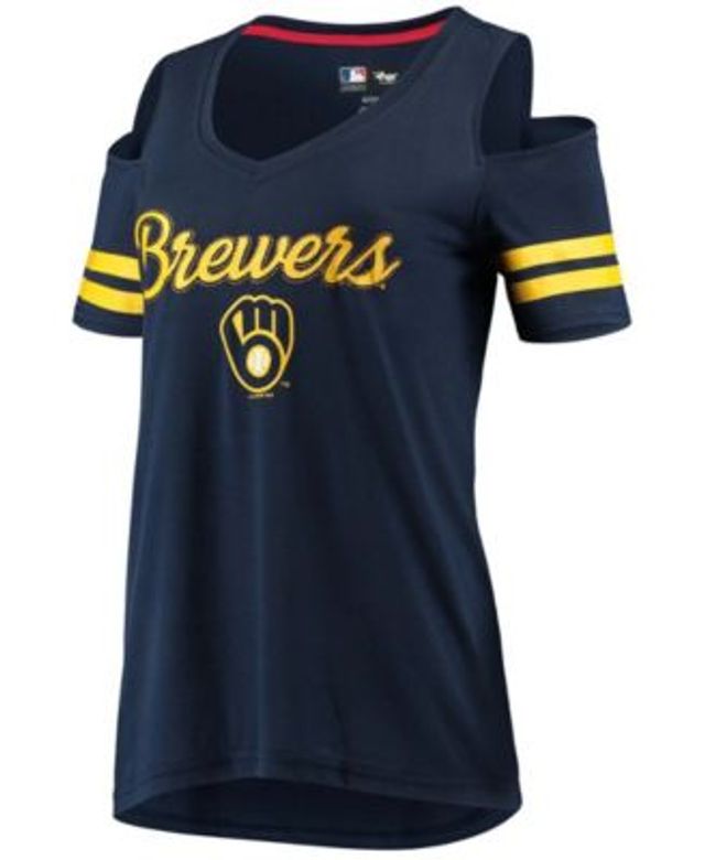 Women's G-III 4Her by Carl Banks White Milwaukee Brewers Team Graphic V-Neck Fitted T-Shirt Size: Large