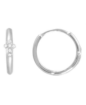 Women's Sterling Silver Cross Hoop Earrings with Crystal Stone Accent