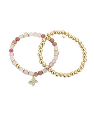 14K Gold Flash-Plated Pink Stone And Gold Bead Butterfly Bracelet Duo