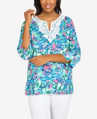 Missy Siesta Key Women's Abstract Floral Print Split Neck Shirt Top