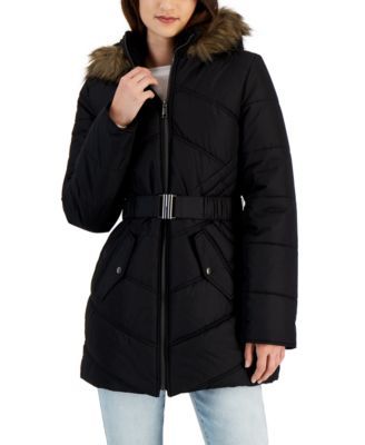 Juniors' Belted Faux-Fur-Trim Hooded Puffer Coat