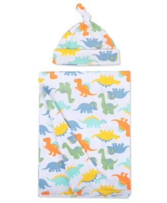 Baby Boys Soft Dinosaur Print Swaddle Wrap Blanket with Matching Hat, 2 Piece Set