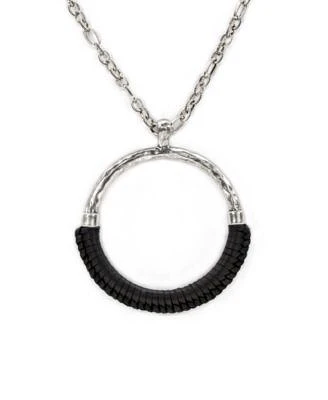 Silver-Tone Leather-Wrapped Ring Long Pendant Necklace, 30" + 2" extender