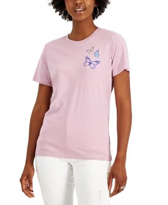 Juniors' Butterfly and Mushroom Graphic T-Shirt