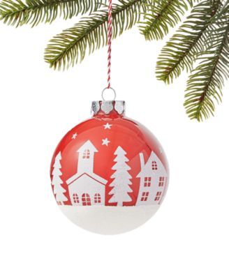 Holiday Lane Santa's Favorite Glass Red Ball with White House & Tree Pattern Hanging Christmas Tree Ornament, Created for Macy's