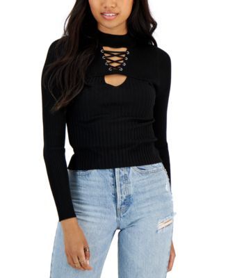 Juniors' Lace-Up Mock Neck Sweater
