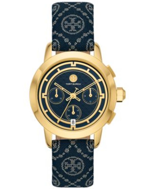 Tory Burch Women's Chronograph The Tory Blue Fabric & Luggage Leather Strap  Watch 37mm | Dulles Town Center