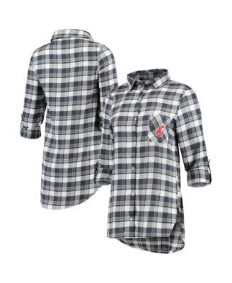 Women's Antigua Navy/Gray Denver Broncos Stance Flannel Button-Up Long Sleeve Shirt Size: Small