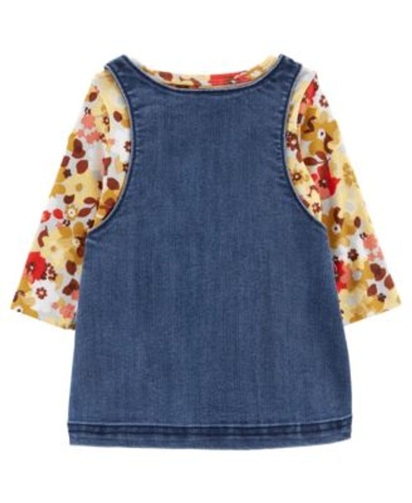 Baby Girls Floral T-shirt, Denim Jumper and Tights, 3 Piece Set
