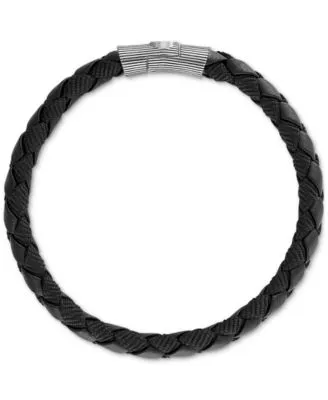 Black Leather Woven Bracelet Sterling Silver (Also Brown & Blue Leather), Created for Macy's
