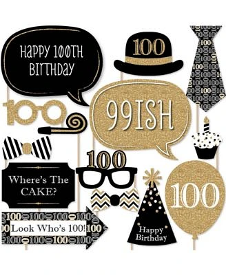 Adult 100th Birthday - Gold - Birthday Party Photo Booth Props Kit - 20 Count