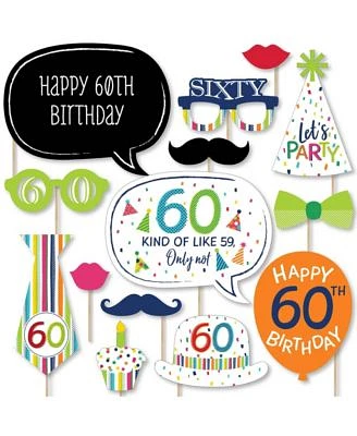 60th Birthday - Cheerful Happy Birthday - Birthday Photo Booth Props Kit - 20 Ct