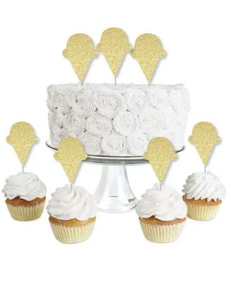 Gold Glitter Ice Cream Cone - No-Mess Dessert Cupcake Toppers Treat Picks 24 Ct