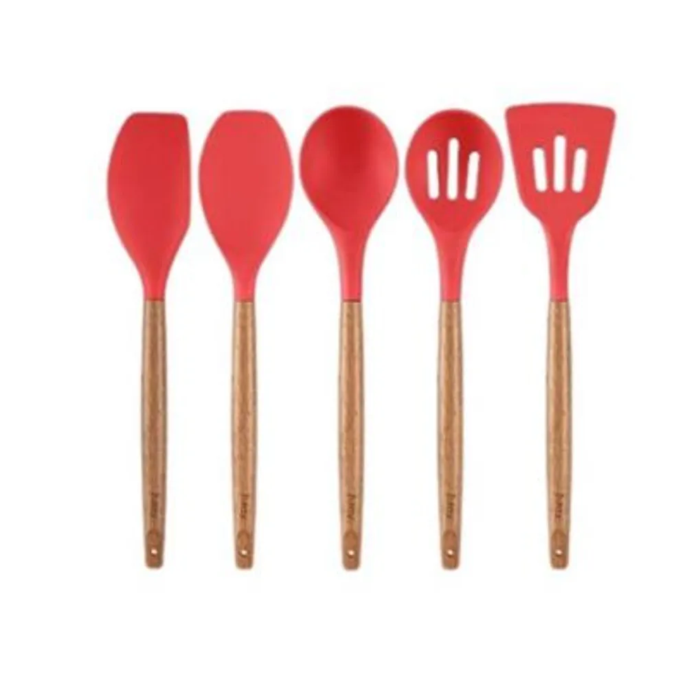 Zulay Kitchen Non-Stick Silicone Utensils Set with Acacia Wood Handles 5 Piece Silicone - Blue