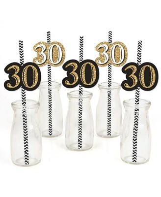 Adult 30th Birthday - Gold - Paper Straw Decor - Striped Decor Straws - 24 Ct