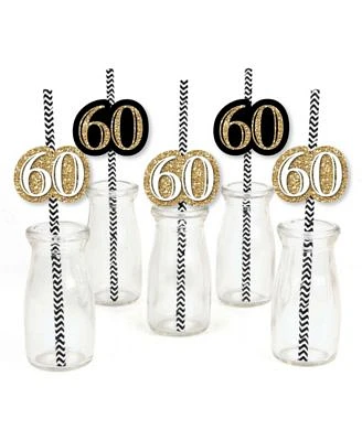 Adult 60th Birthday - Gold - Paper Straw Decor - Striped Decor Straws - 24 Ct