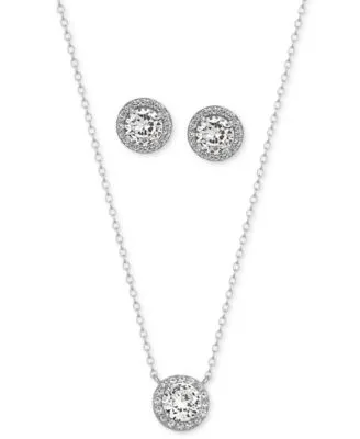 2-Pc. Set Cubic Zirconia Halo Pendant Necklace & Matching Stud Earrings in Sterling Silver