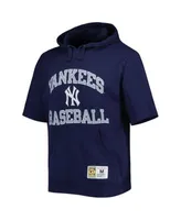 Men's Mitchell & Ness Navy New York Yankees Cooperstown Collection Washed Fleece Pullover Short Sleeve Hoodie Size: Small