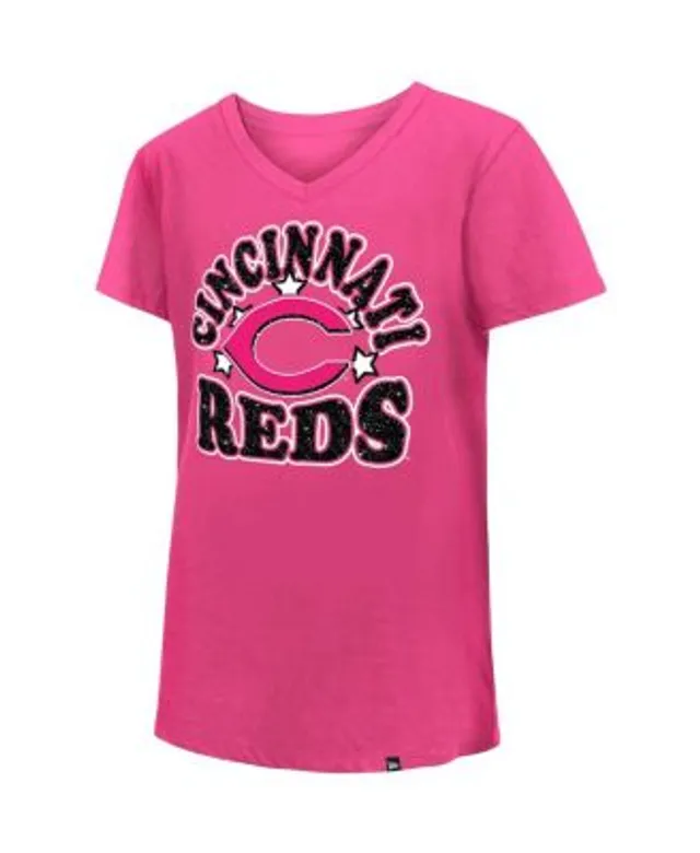 Girl's Youth New Era Pink Cincinnati Reds Jersey Stars V-Neck T-Shirt