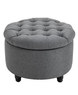 Upholstered Round Linen Storage Stool Footrest of Button Tufted