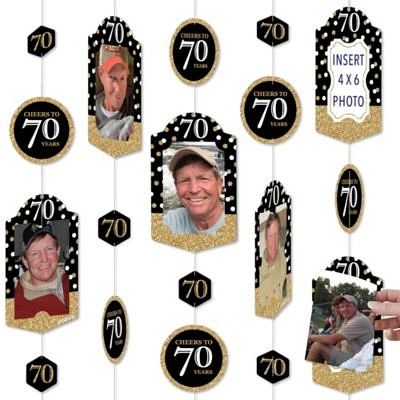 Adult 70th Birthday Gold Birthday Party Hanging Vertical Photo Garland 35 Pc