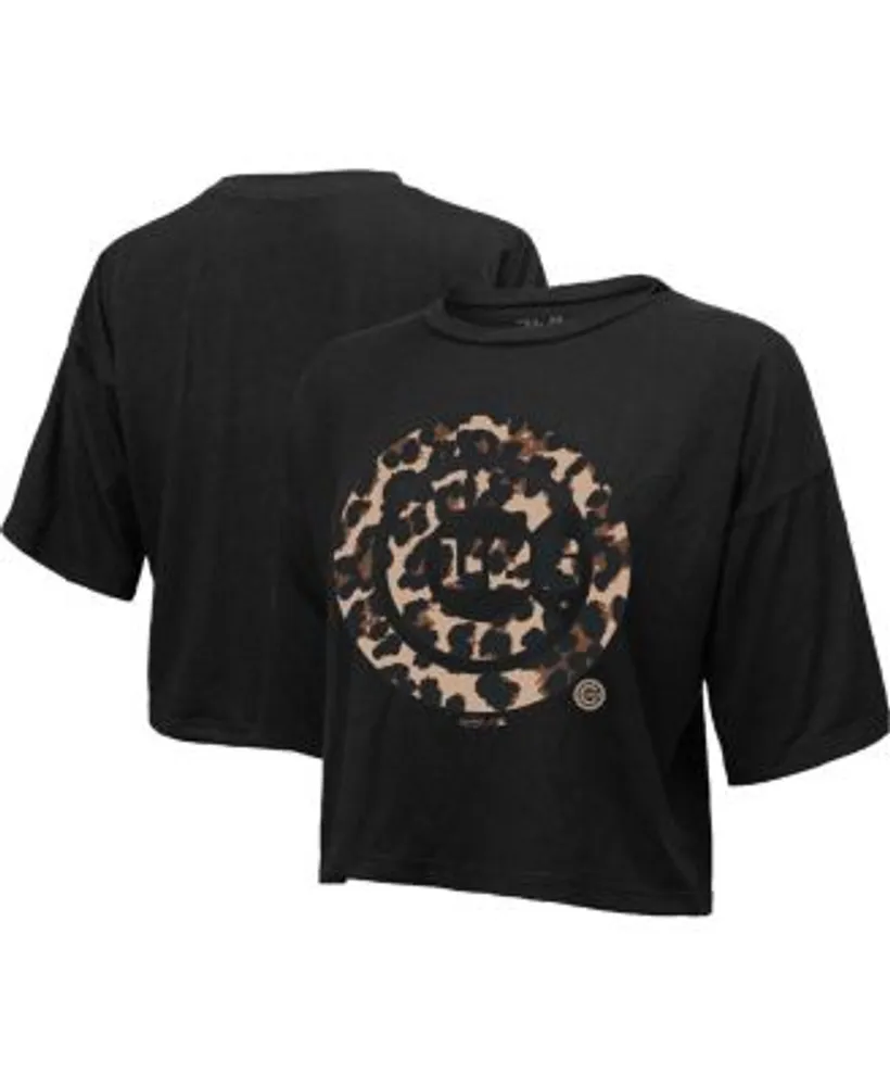 Majestic Women's Threads Black Chicago Cubs Leopard Cropped T-shirt