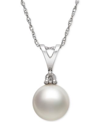 Akoya Pearl (7mm) and Diamond Accent Pendant Necklace in 14k White Gold
