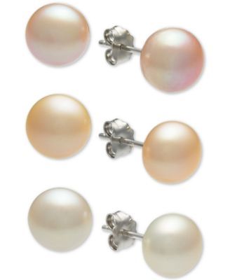 3-Pc. Set White, Pink & Peach Cultured Freshwater Button Pearl (8mm) Stud Earrings in Sterling Silver